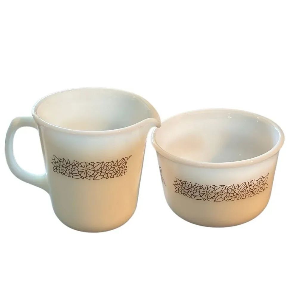 Pyrex Woodland Pattern Milk Glass Creamer & Sugar Bowl